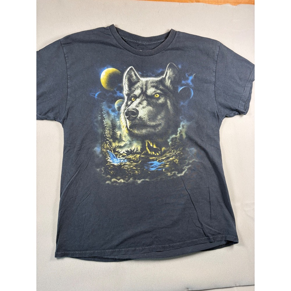 DOM Wolf Graphic T-Shirt Black Cotton Nature Space Moon Planets Mens Large